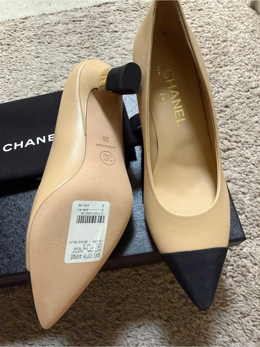CHANEL Two-Tone Beige and Black Pointed Toe Pumps